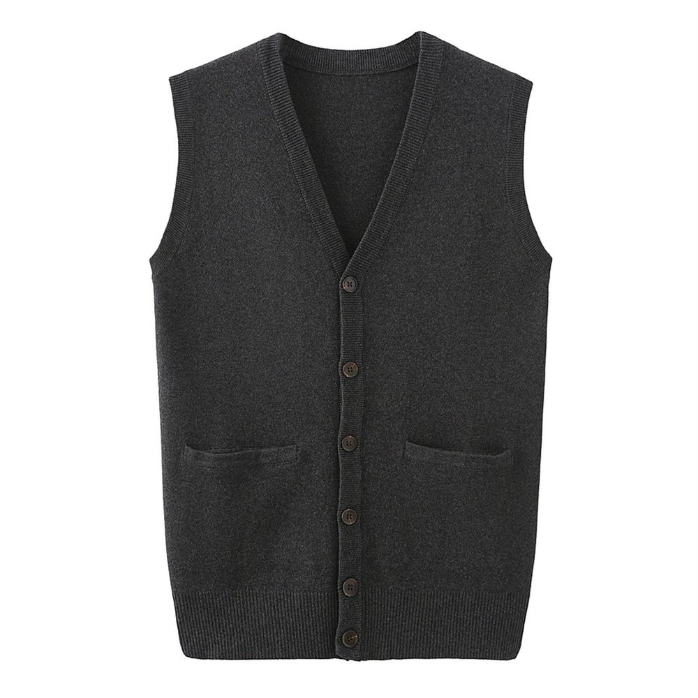 Men's V-Neck Cardigan Sweater Business Solid Color Single-Breasted Knitted Vest Casual All-Match Sleeveless Pocket Top (Dark Gray,XX-Large)