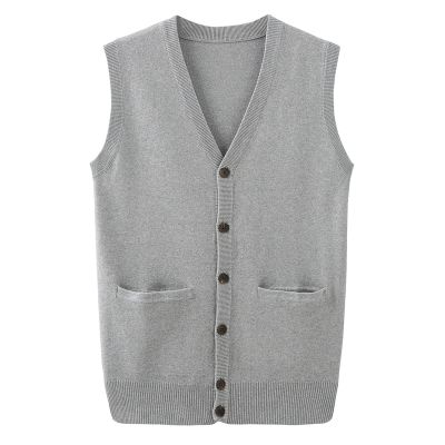 Men's V-Neck Cardigan Sweater Business Solid Color Single-Breasted Knitted Vest Casual All-Match Sleeveless Pocket Top (Grey,Large)