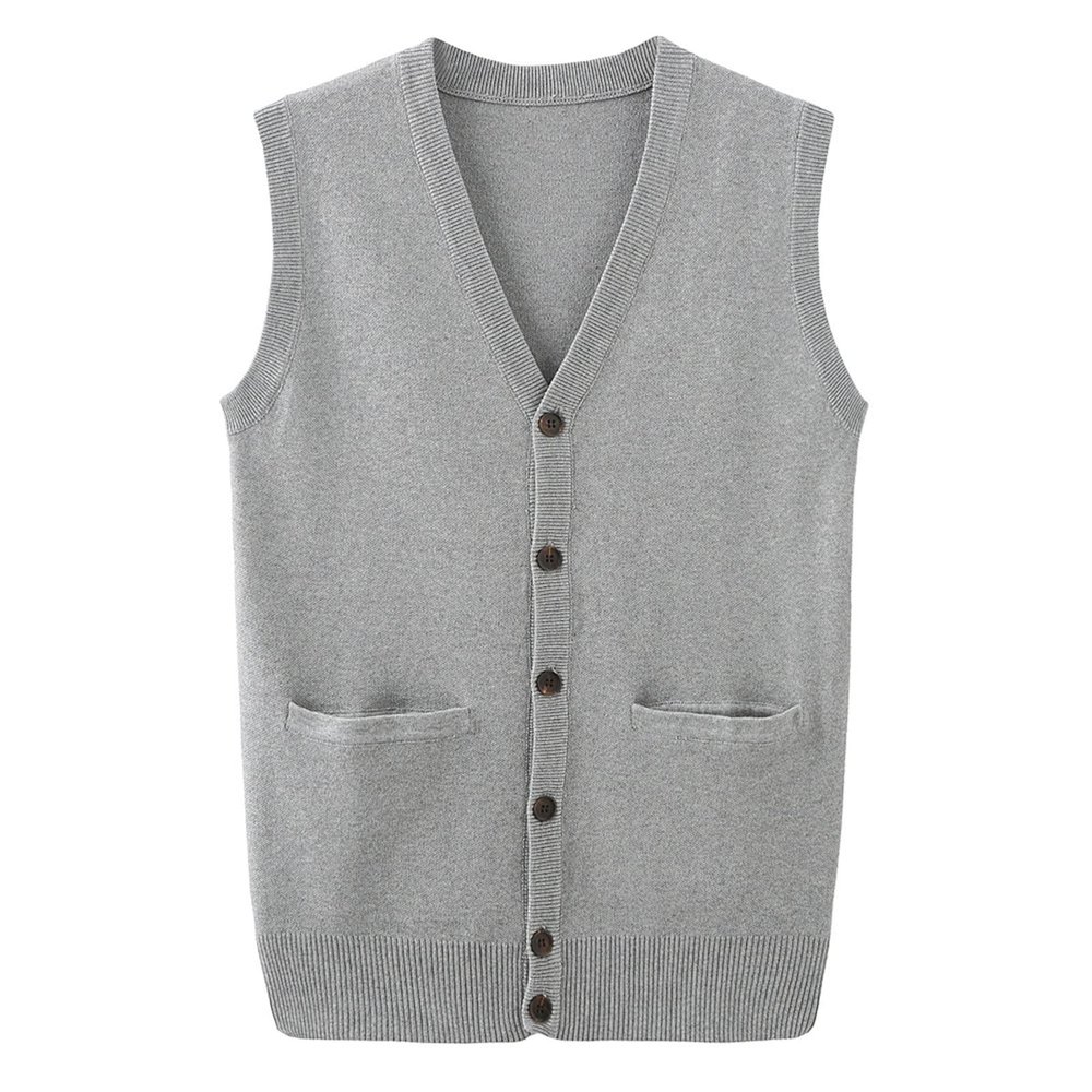 Men's V-Neck Cardigan Sweater Business Solid Color Single-Breasted Knitted Vest Casual All-Match Sleeveless Pocket Top (Grey,Large)