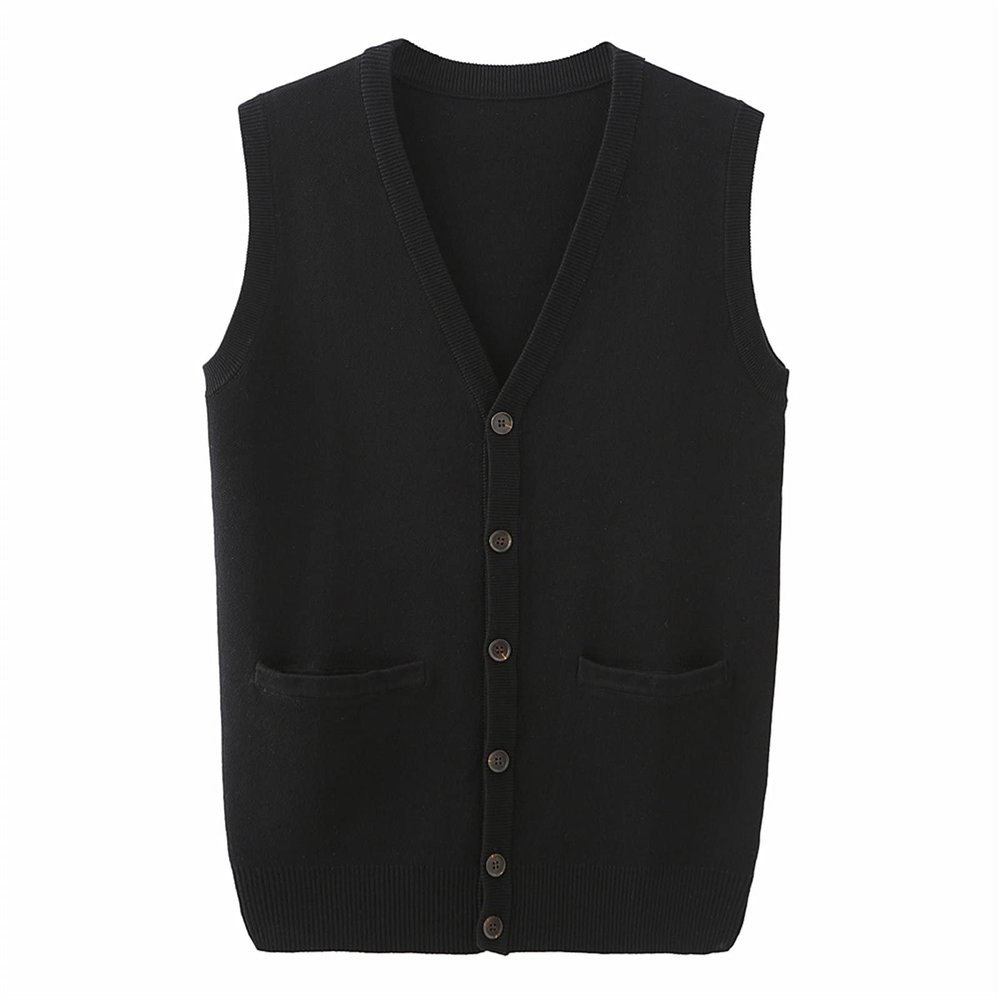 Kaxiya2021 Men's V-Neck Cardigan Sweater Business Solid Color Single-Breasted Knitted Vest Casual All-Match Sleeveless Pocket Top (Black,Large)