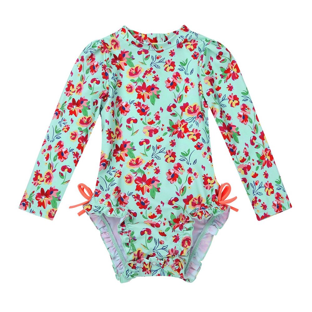 Moggemol Baby Girls Rashguard Swimsuit UPF 50+ Long Sleeve Floral Print Ruffle One Piece Bathing Suit Light Green 18-24 Months