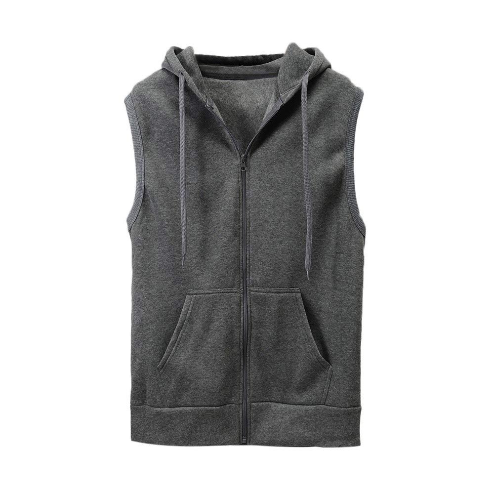 WENKOMG1 Hooded Vest for Men, Solid Sleeveless Waistcoat Soft Sports Jacket Slim Shirt with Pocket Zipper Blouse Fall Winter Overcoat V-Neck Loose Coat Elegant Cotton Parka(Gray,XX-Large)