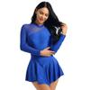 Sxiwei Woman Adult Ice Skating Leotard Dress Sheer Long Sleeve Backless Lyrical Ballet Dance Costume Royal Blue Large view 3