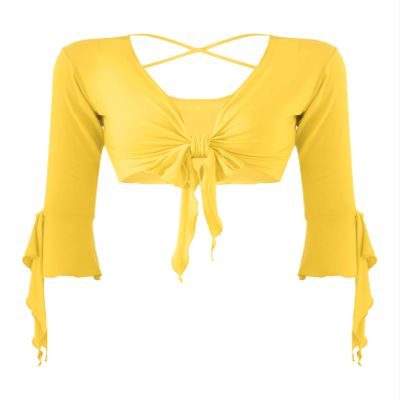ACSUSS Women's Belly Dance Yoga Costume Wrap Tie Top Blouse 3/4 Sleeves Bolero Shrugs Cardigan Yellow One Size