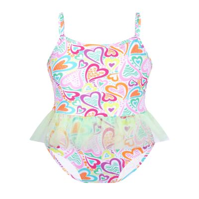 Moggemol Kids Girls Adjustable Spaghetti Straps One-Piece Swimsuit Mermaid Scales Ruffle Beach Bathing Suit Colorful Hearts 4 Years