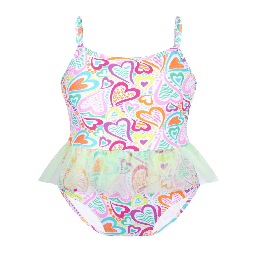 Moggemol Kids Girls Adjustable Spaghetti Straps One-Piece Swimsuit Mermaid Scales Ruffle Beach Bathing Suit Colorful Hearts 4 Years