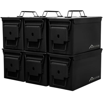 HOMESTEAD 50 Cal Metal Ammo Can 6-Pack M2A1 Military Steel Ammo Storage Box, Airtight & Water-Resistant Ammo Containers for Long-Term Storage, Black Color