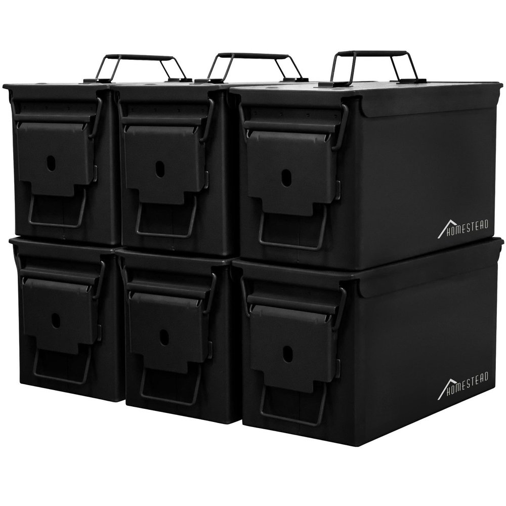 HOMESTEAD 50 Cal Metal Ammo Can 6-Pack M2A1 Military Steel Ammo Storage Box, Airtight & Water-Resistant Ammo Containers for Long-Term Storage, Black Color