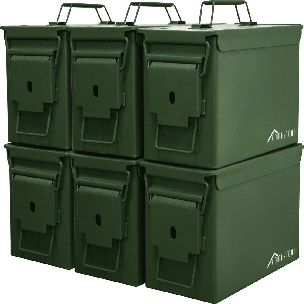 HOMESTEAD 50 Cal Metal Ammo Can 6-Pack M2A1 Military Steel Ammo Storage Box, Airtight & Water-Resistant Ammo Containers for Long-Term Storage, Green Color