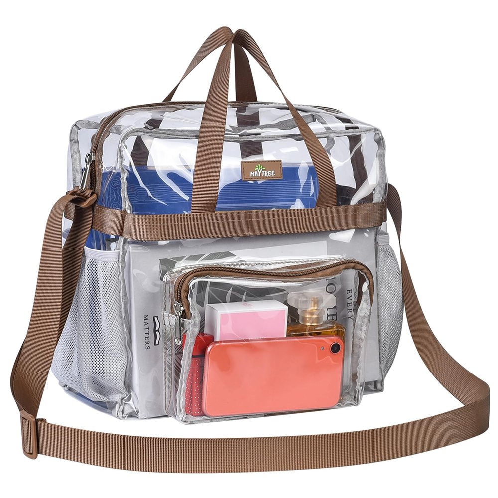 MAY TREE Clear Vinyl Tote Bag, 12 x 6 x 12 in, Brown, Suitable for Work, Travel, Sports, Office