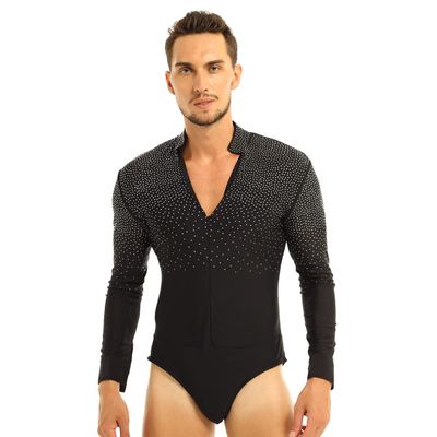 Alvivi Men's Shiny Rhinestones Long Sleeve V-Neck Zipper Bodysuit Latin Tango Dance Shirt Leotard Black X-Large
