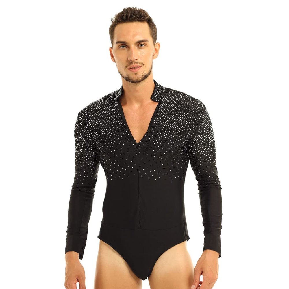 Alvivi Men's Shiny Rhinestones Long Sleeve V-Neck Zipper Bodysuit Latin Tango Dance Shirt Leotard Black X-Large