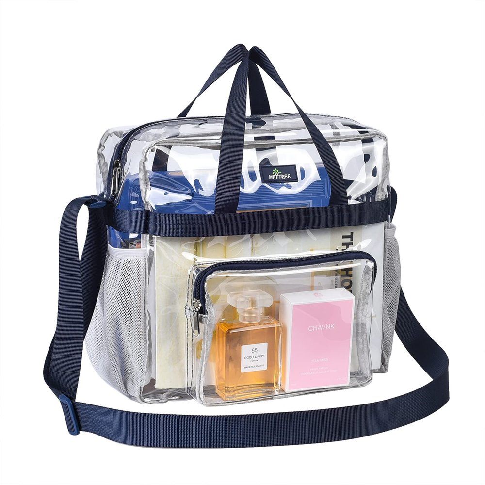 MAY TREE Clear Bag for Stadium Events 12612 Clear Tote Lunch Bag with Reinforced Straps for Work, Sporting Events and Gym, Navy