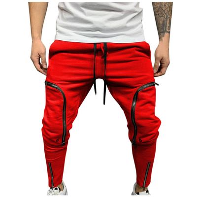 Saohuo Men's Athletic-Fit Cargo Pants Mid-waist Drawstring Sweatpants Casual Zipper Pocket Trousers Gym Fitness Joggers Red