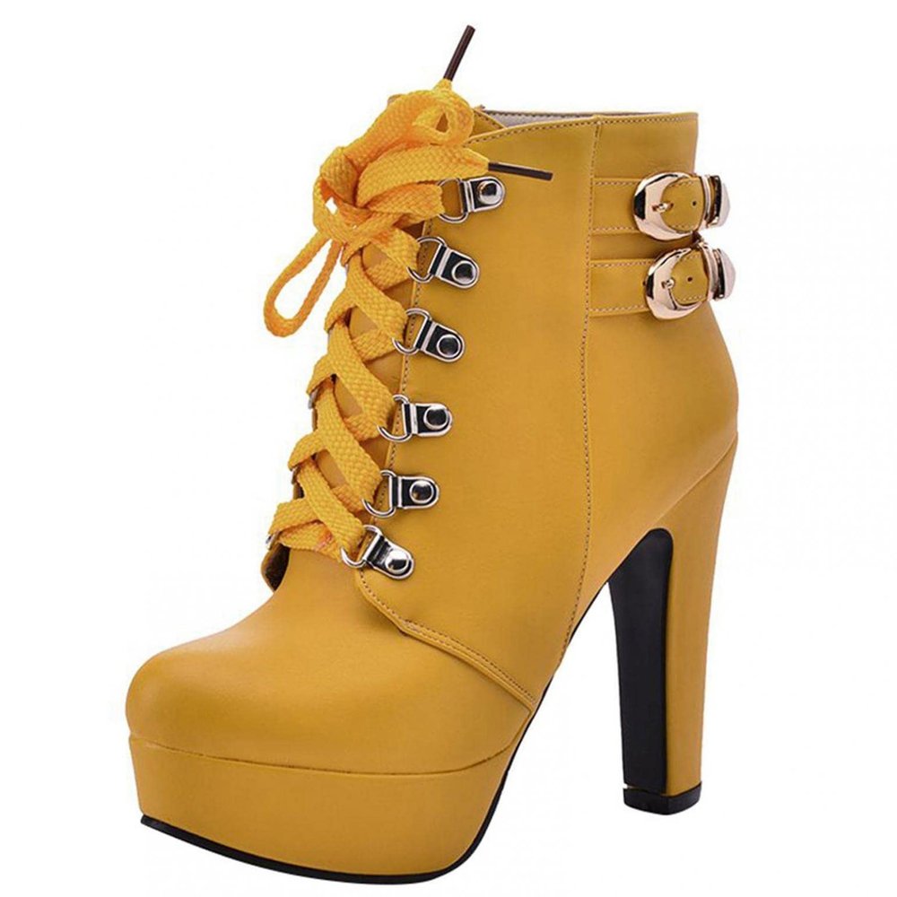 Bcshiye Womens Sexy High Heels Boots Platform Chunky Buckle Block Ankle Booties Lace Up Winter Knight Booties Shoes