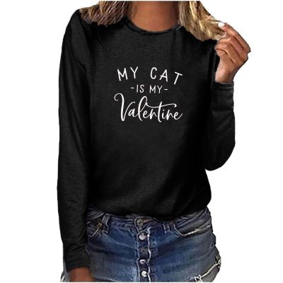 Womens Tops My Cat is My Valentine Blouse Long Sleeve T-Shirt Tops Casual Pullover Shirts Loose Crewneck Sweatshirts Black