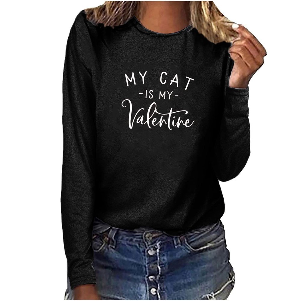 Womens Tops My Cat is My Valentine Blouse Long Sleeve T-Shirt Tops Casual Pullover Shirts Loose Crewneck Sweatshirts Black