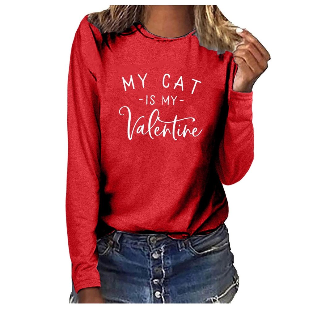 Womens Tops My Cat is My Valentine Blouse Long Sleeve T-Shirt Tops Casual Pullover Shirts Loose Crewneck Sweatshirts Red
