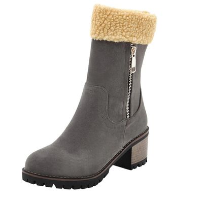 Bcshiye Womens Winter Snow Boots Warm Suede Chunky Heel Round Toe Faux Fur Outdoor Zipper Mid-Calf Ankle Booties