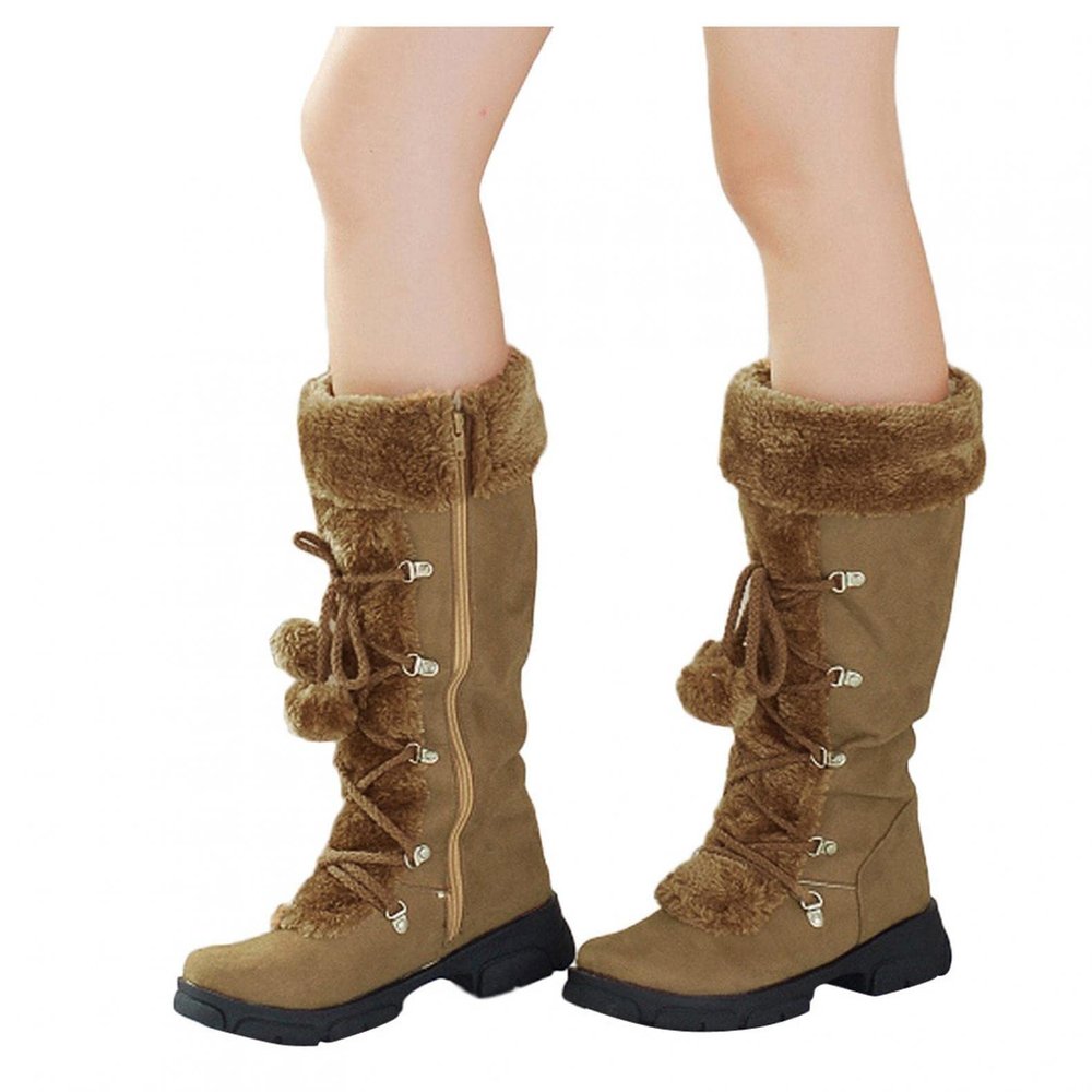 Bcshiye Mid Calf Boots for Women Fully Fur Lining Warm Boots Suede Low Heel Round Toe Slip-on Winter Snow Boots