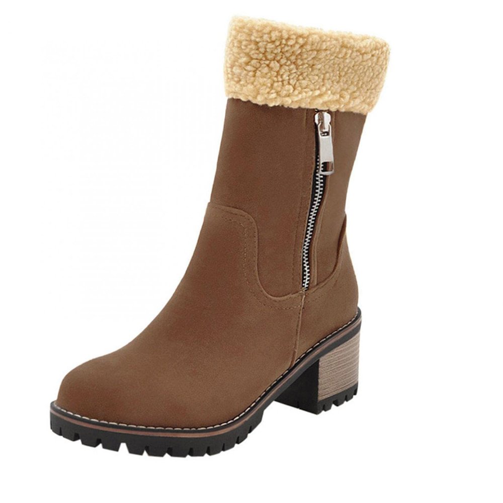 Bcshiye Womens Winter Snow Boots Warm Suede Chunky Heel Round Toe Faux Fur Outdoor Zipper Mid-Calf Ankle Booties