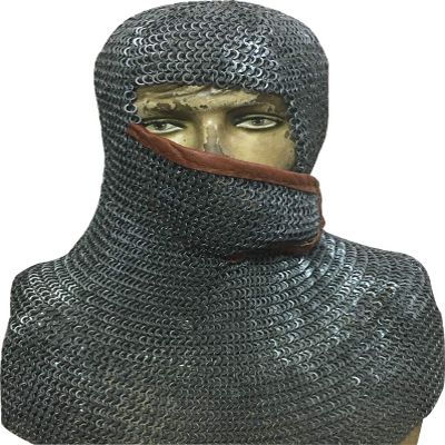 6 mm Chainmail Coif Flat Dome Riveted with Alternating Solid Rings Leather Side Ventail ABS (Ring Size & Finish, 18 Gauge 6 mm (Oiled))