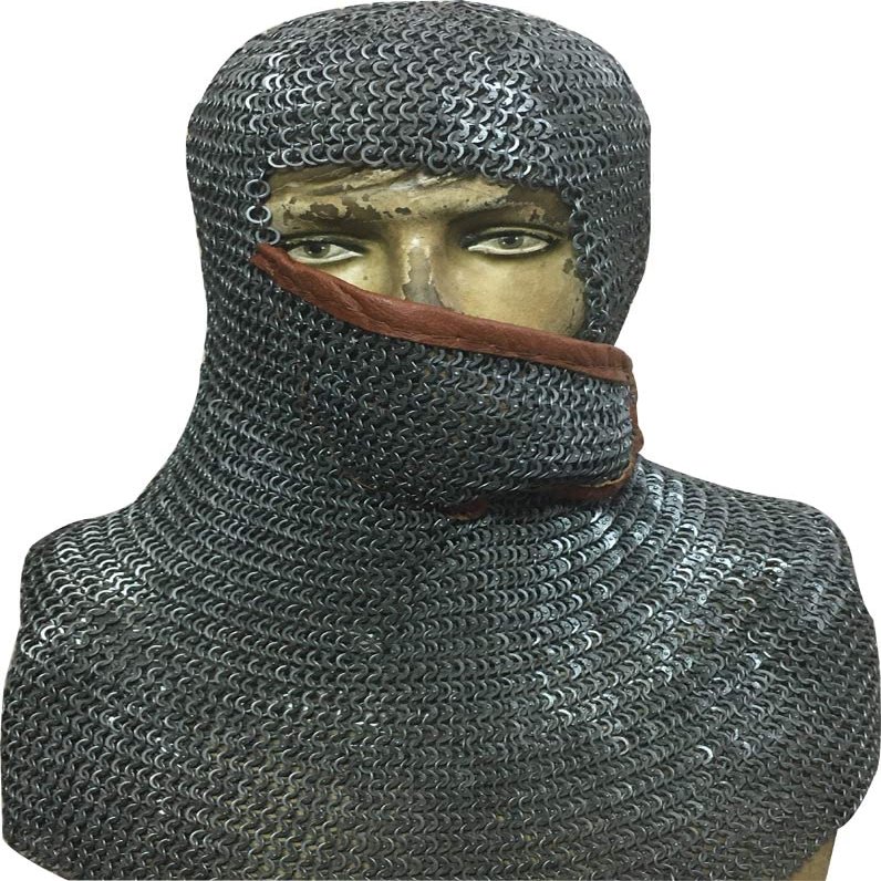 6 mm Chainmail Coif Flat Dome Riveted with Alternating Solid Rings Leather Side Ventail ABS (Ring Size & Finish, 18 Gauge 6 mm (Oiled))