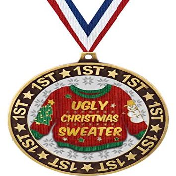 Ugly Christmas Sweater 1st Place Perimeter Medals and Trophies, 2.75" Gold Ugly Sweater Medal Awards, 100 Pack