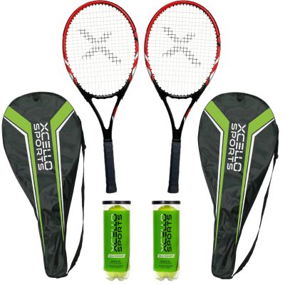 Xcello Sports 27" Aluminum Racket Set (Red/Black) with 2 Tubes of Tennis Balls and 2 Covers