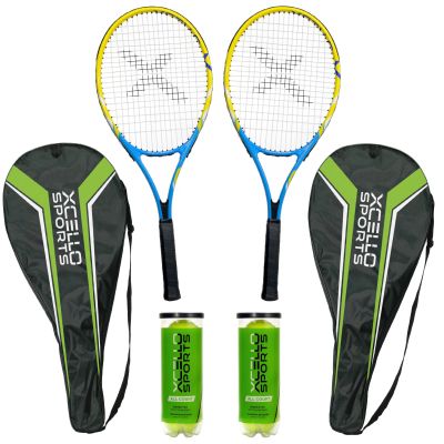 Xcello Sports 27" Aluminum Racket Set (Blue/Yellow) with 2 Tubes of Tennis Balls and 2 Covers