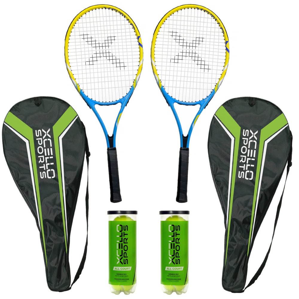 Xcello Sports 27" Aluminum Racket Set (Blue/Yellow) with 2 Tubes of Tennis Balls and 2 Covers