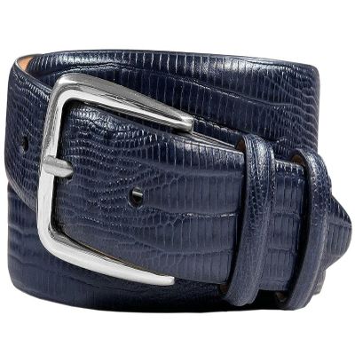 Armando Men's Dress Belt Solid Brass Buckle (Silver) Italian Calfskin Genuine Leather Dress Belt 1-1/8"(30mm) Wide (Lizard Navy, 36)