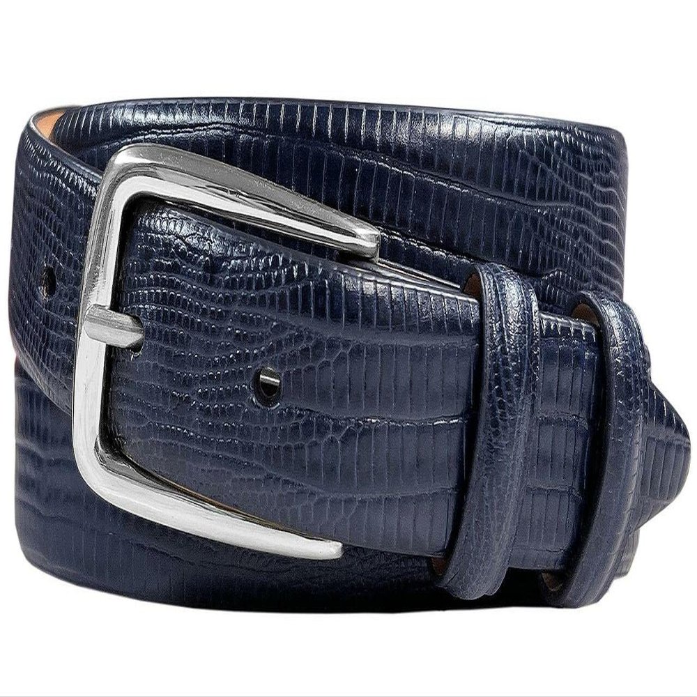 Armando Men's Dress Belt Solid Brass Buckle (Silver) Italian Calfskin Genuine Leather Dress Belt 1-1/8"(30mm) Wide (Lizard Navy, 36)