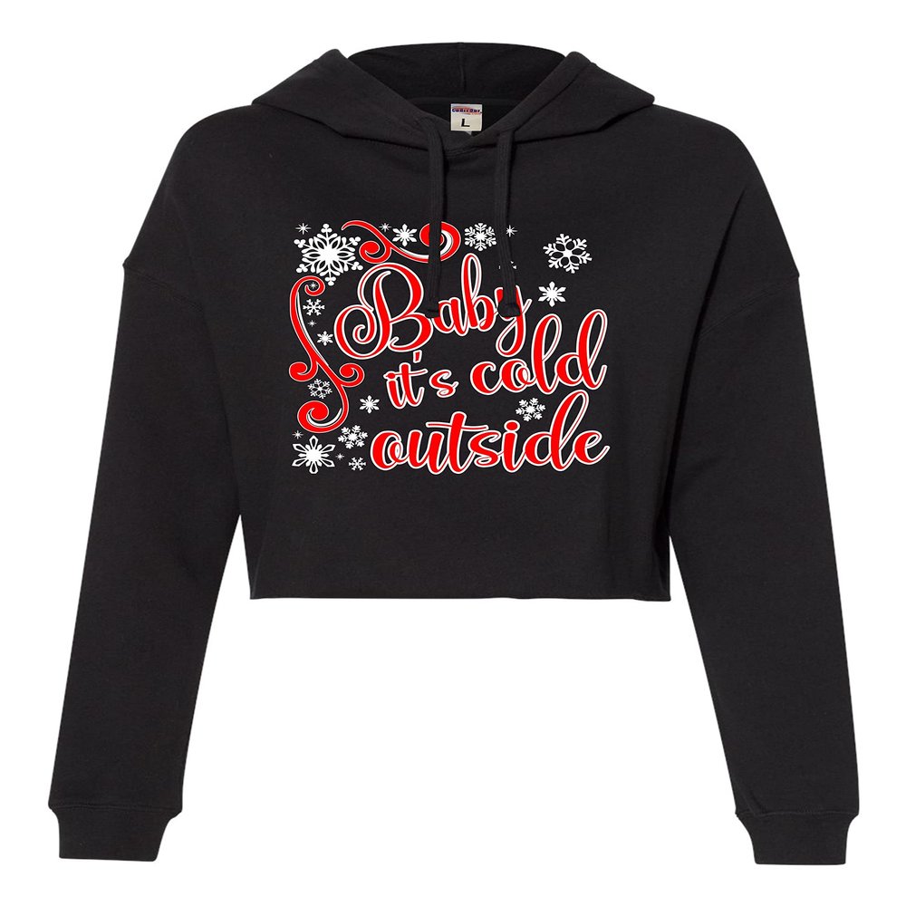 Go All Out Small Black Womens Baby It's Cold Outside Christmas Fashion Cropped Hooded Sweatshirt