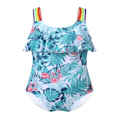 Moggemol Kids Girls One Piece Swimsuit Rainbow Straps Ruffles Bathing Suit Hawaii Beach Floral Swimwear Turquoise 4 Years