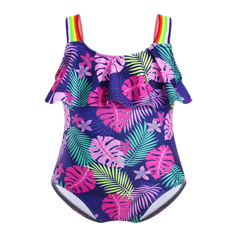 Moggemol Kids Girls One Piece Swimsuit Rainbow Straps Ruffles Bathing Suit Hawaii Beach Floral Swimwear Navy Blue 4 Years