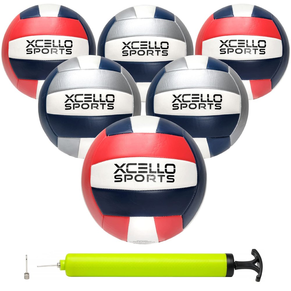Xcello Sports Volleyball Assorted Graphics with Pump Red/Navy/White, Grey/Navy/White (6 Pack)