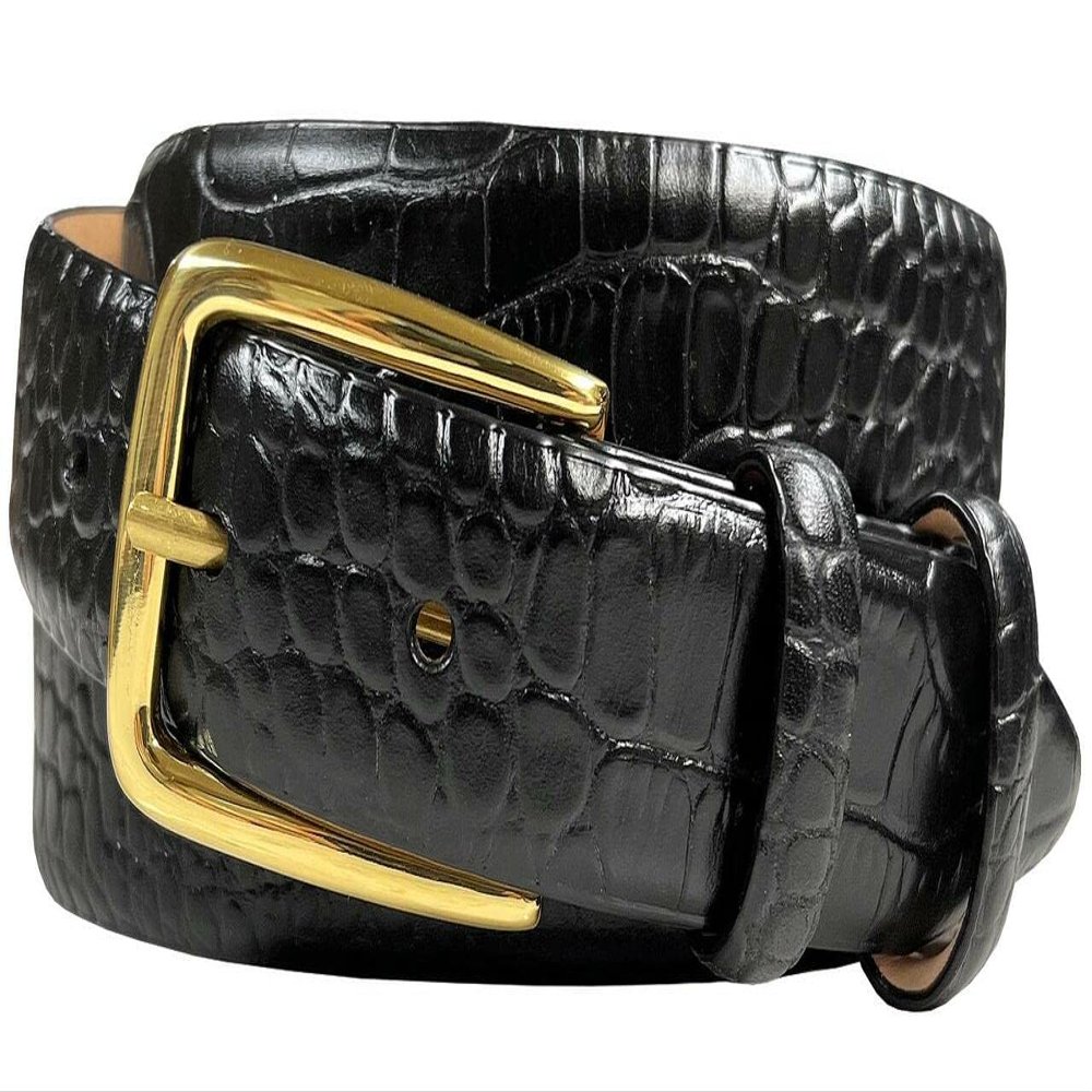 Andrew Men's Dress Belt Solid Brass Buckle (Gold) Italian Calfskin Genuine Leather Dress Belt 1-1/8"(30mm) Wide (Alligator Black, 48)