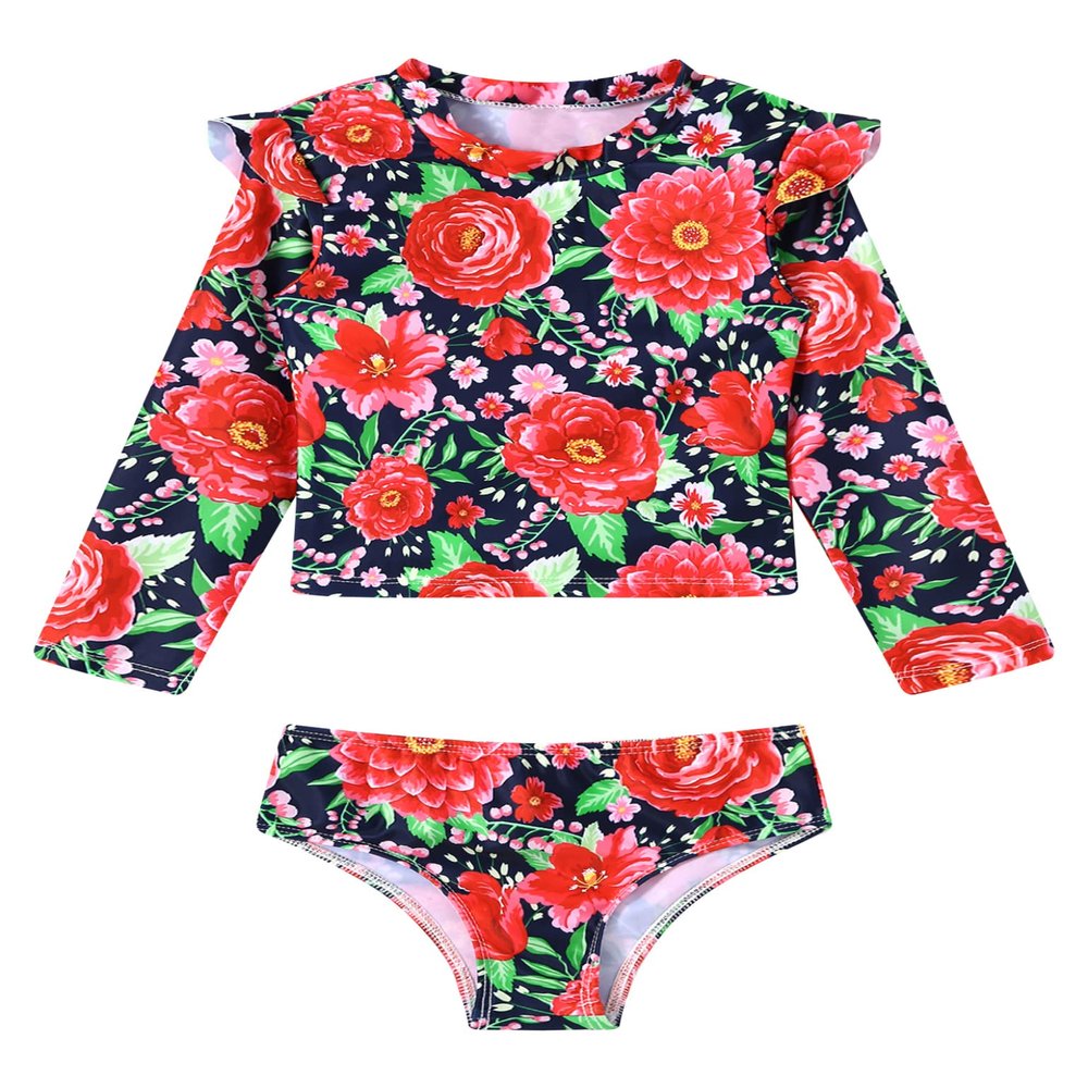 Moggemol Baby Little Girls Tankini Swimsuit Long Sleeve Rash Guard Shirts Swimwear with Sun Protection Red 18-24 Months