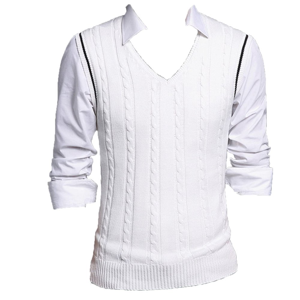 Kaxiya2021 Men's Knitted Vest Casual Sleeveless Jacquard Pullover Autumn and Winter Business V-Neck Solid Color Ribbed Sweater (White,Small)