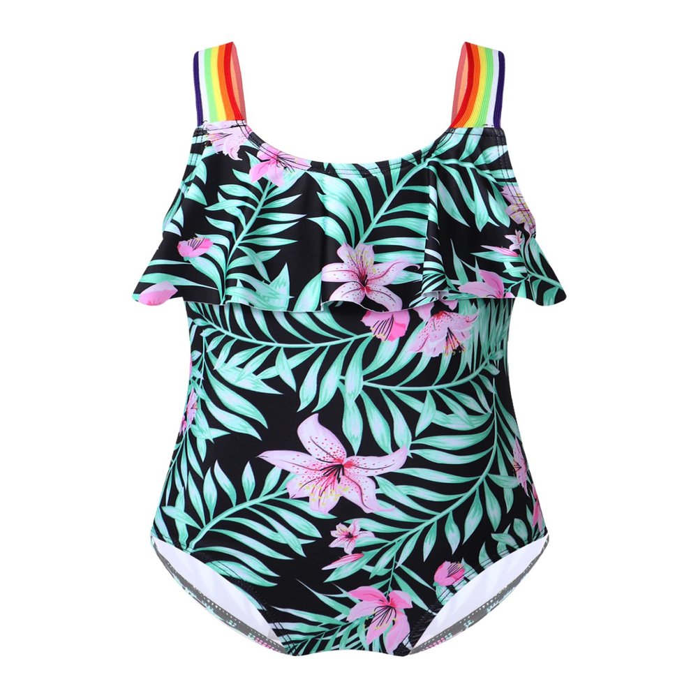 Moggemol Kids Girls One Piece Swimsuit Rainbow Straps Ruffles Bathing Suit Hawaii Beach Floral Swimwear Green Lily 6 Years