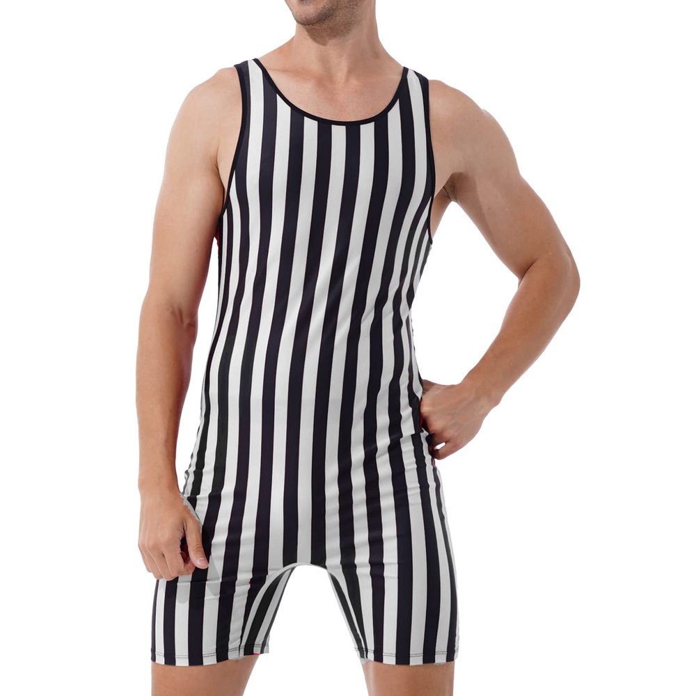 Fldy Men's Dry Fit Workout Tank Tops Sleeveless Boxer Rompers Short Jumpsuit Wrestling Singlet Black&White Large