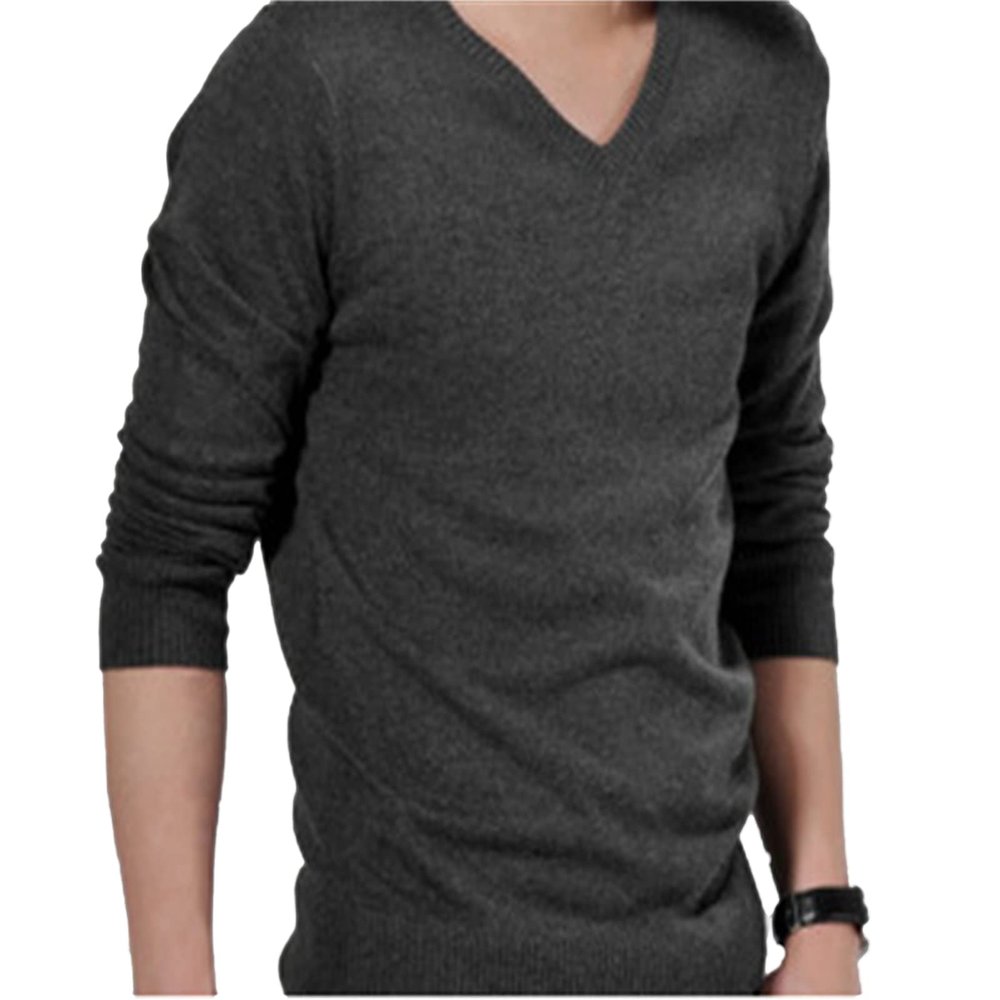 Men's Casual V-Neck Sweater Solid Color Long Sleeve Knitted Tops Old Street Comfortable Pullover Ribbed T-Shirt (Dark Gray,X-Large)