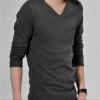 Men's Casual V-Neck Sweater Solid Color Long Sleeve Knitted Tops Old Street Comfortable Pullover Ribbed T-Shirt (Dark Gray,X-Large) view 2
