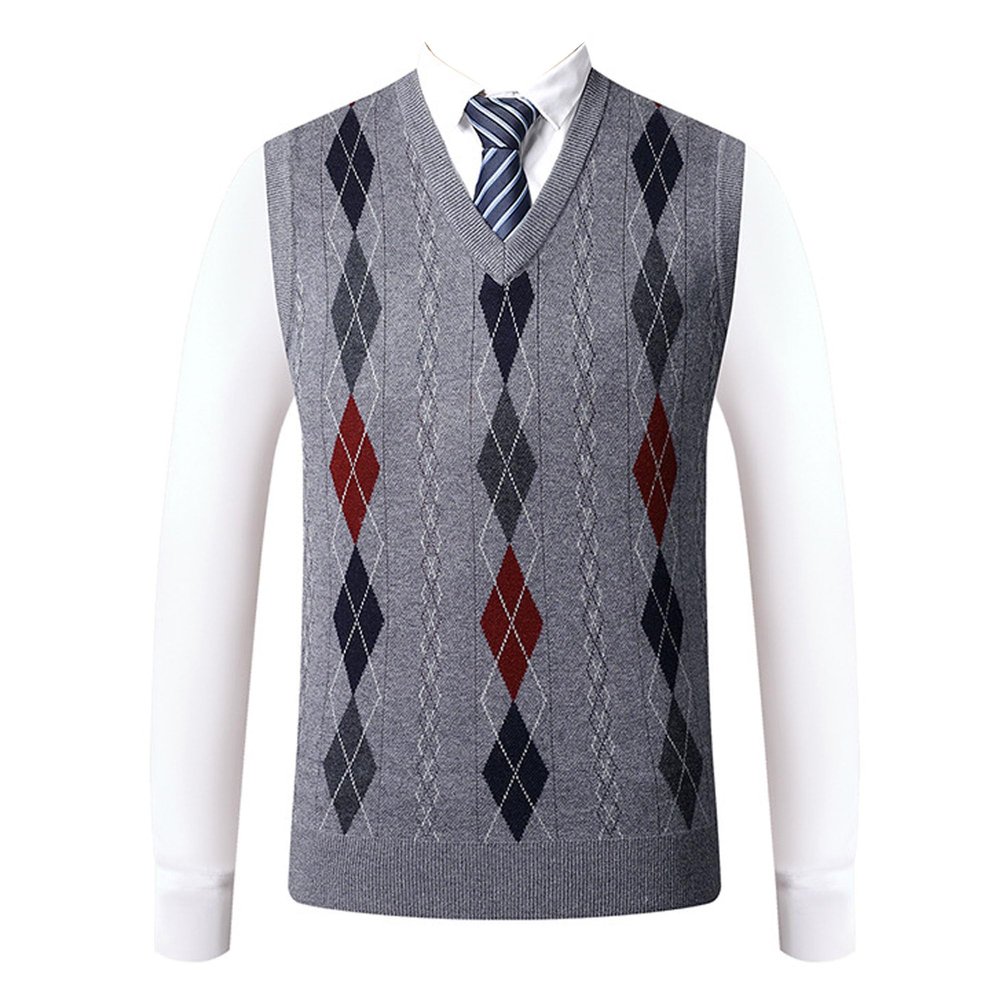 Kaxiya2021 Men's Knitted Vest Casual Color Matching V-Neck Pullover Business Diamond Jacquard Sleeveless Ribbed Sweater (Light Grey,Medium)
