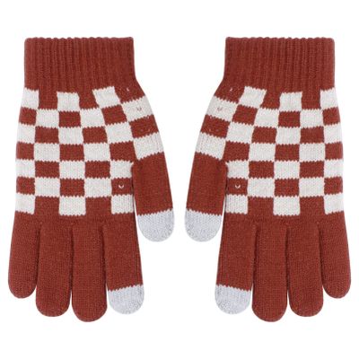 CHICTRY 1 Pair Kids Checkered Knitted Gloves Winter Warm Magic Gloves Full Finger Stretchy Mittens for Boys Girls Daily Use Red One Size