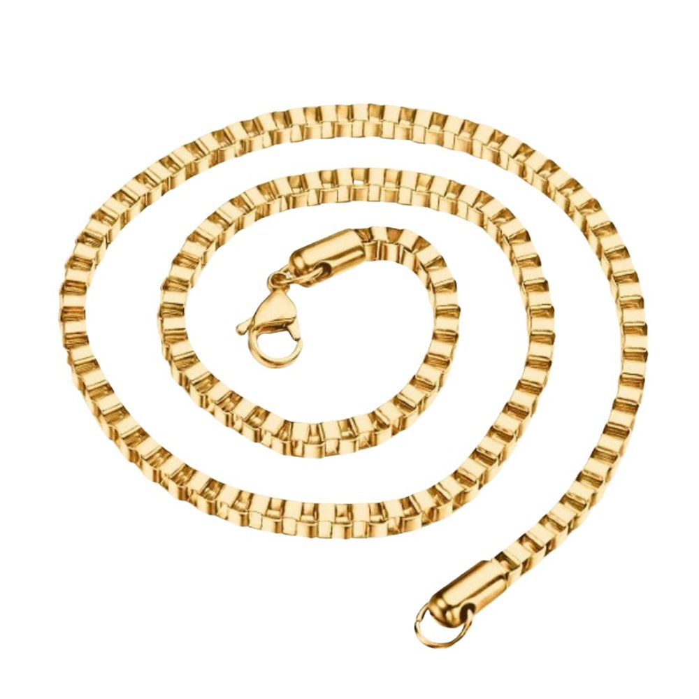 18K Gold Plated Stainless Steel Box Chain Bracelet Necklace Men Women 1mm-4mm (24, 2.5mm, Gold)