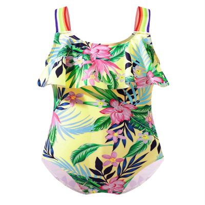 Moggemol Kids Girls One Piece Swimsuit Rainbow Straps Ruffles Bathing Suit Hawaii Beach Floral Swimwear Yellow 6 Years