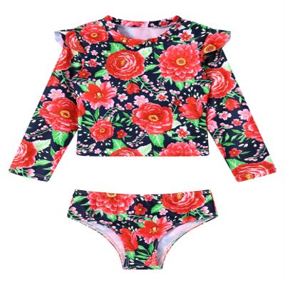 Moggemol Baby Little Girls Tankini Swimsuit Long Sleeve Rash Guard Shirts Swimwear with Sun Protection Red 12-18 Months
