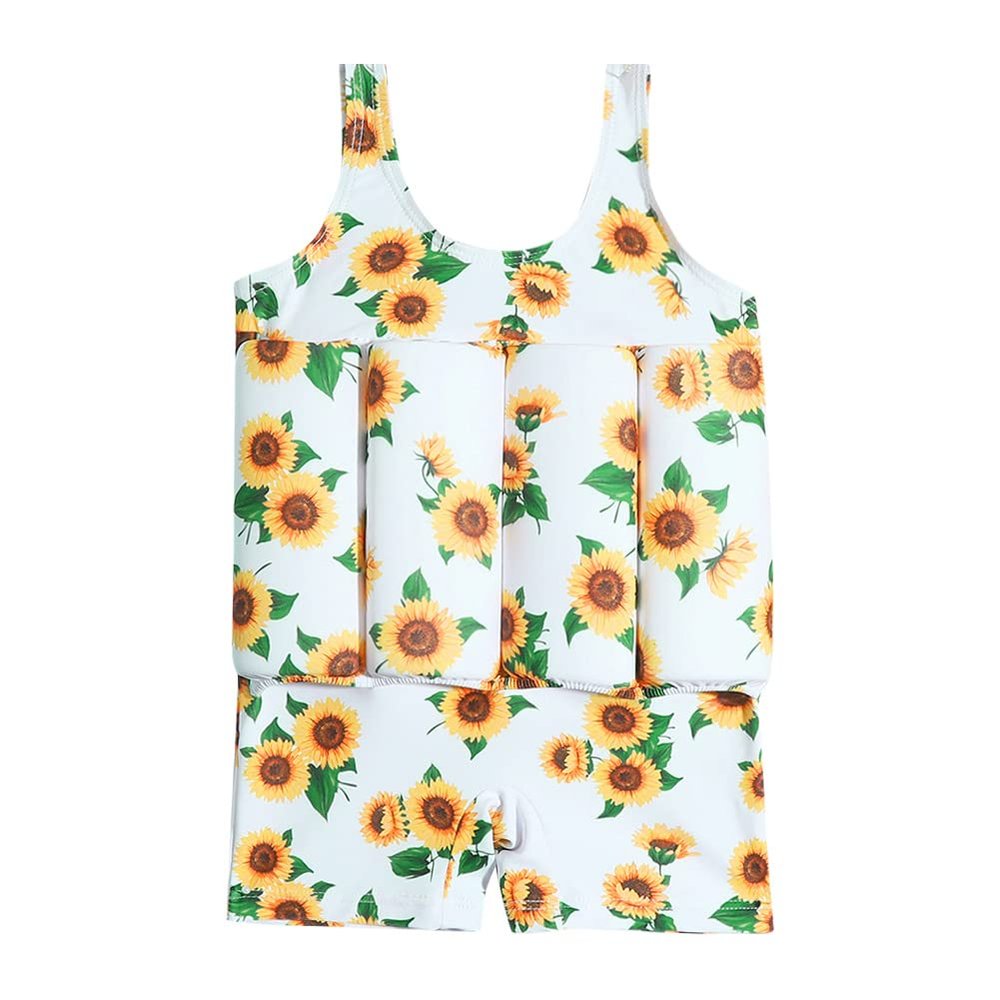 IWEMEK Boy Girls Floatation Swimsuit with Adjustable Buoyancy Baby Swim Vest Life Jacket Summer Training Float Suit One Piece Floating Swimwear Safety Pool Bathing Suit for Kids Sunflower 18-24 Months